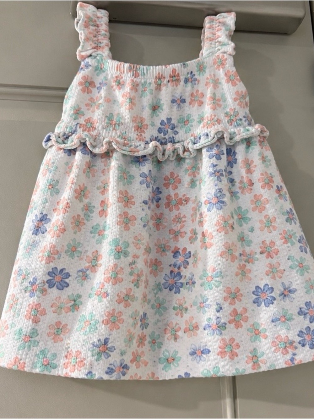 Little Lass White Floral Sundress with Pink, Blue & Mint Flowers